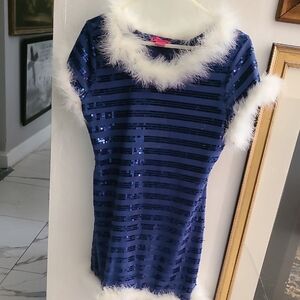 Blue Sequin Dress with White Fur Trim